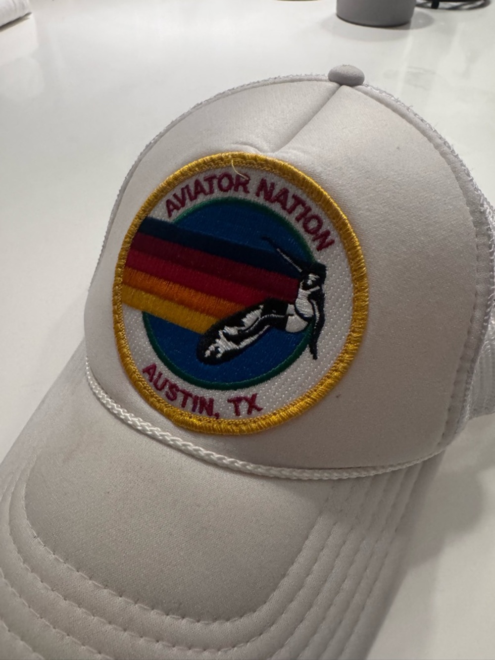 Aviator Nation White Trucker Hat with Rainbow Patch